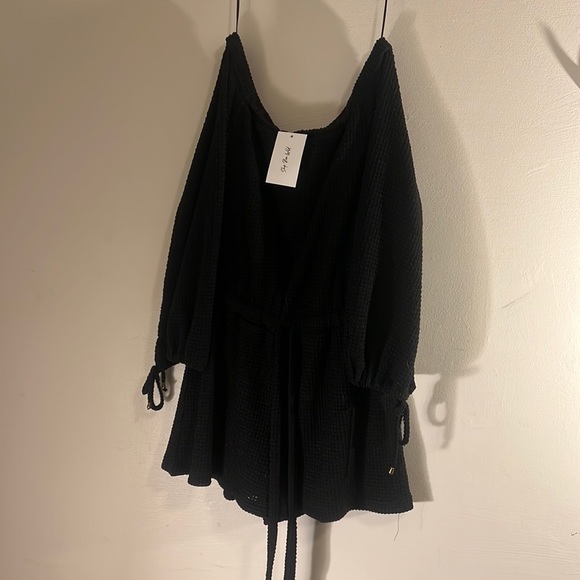 Blue ivy Long sleeve black 2 layer off the shoulder waffle romper - Picture 5 of 11